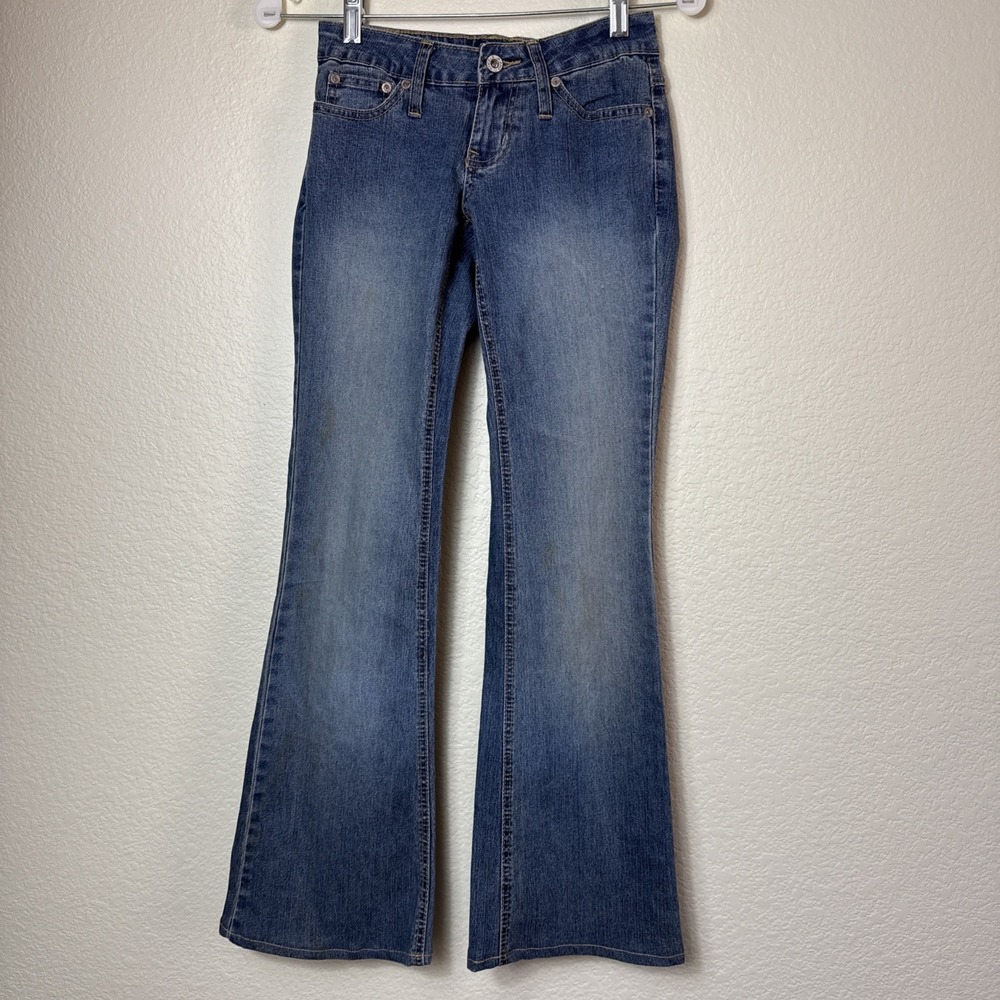 Vtg Y2K Angels Embroidered Flare Jeans Size 0 Low Rise Med Wash Boho Trashy Y2K